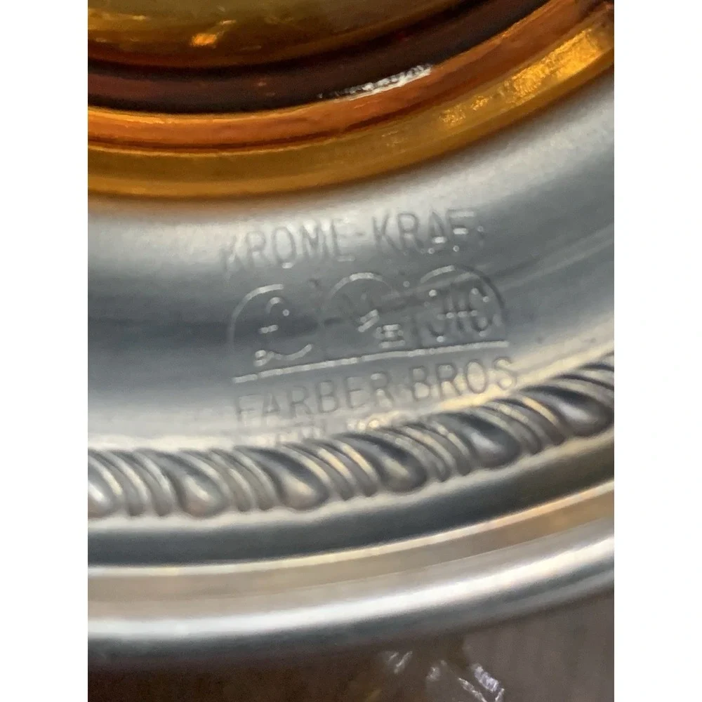 Art Deco Farber Bros. Krome-Kraft Divided Amber Glass Silver Candy Dish Bowl